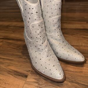 Rhinestone Embellished White Heeled Boots